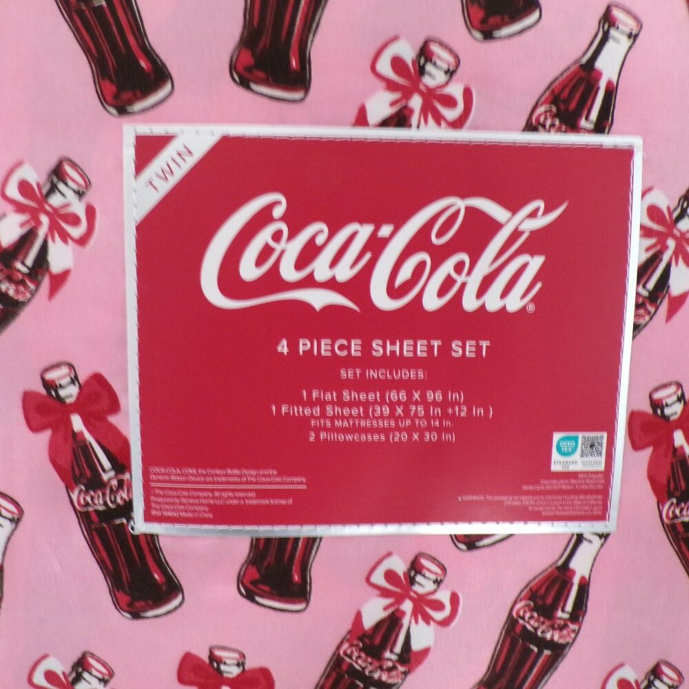 Coke Bottle Print Twin Sheet Set Retro Soda Bedding NWT Coca-Cola 4 pc - Picture 4 of 4